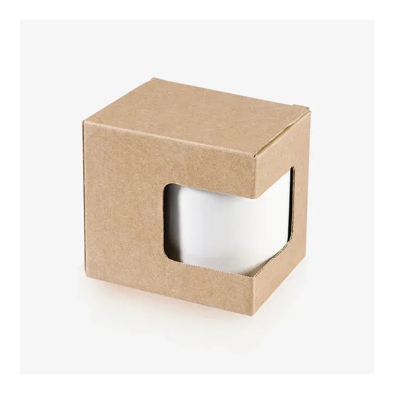 Kraft carton with a window showing a white mug inside.