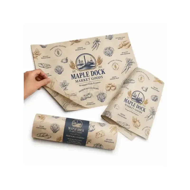 Printed kraft wrapping roll and sheets with dark decorative graphics.