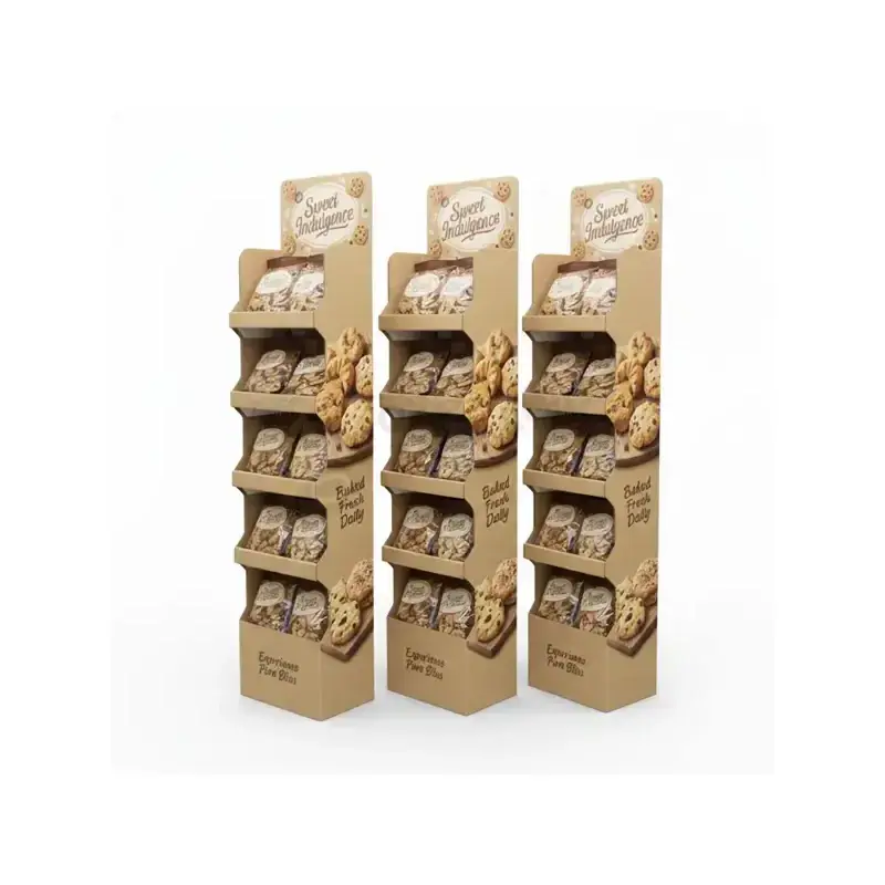 Three kraft floor displays holding rows of packaged products.