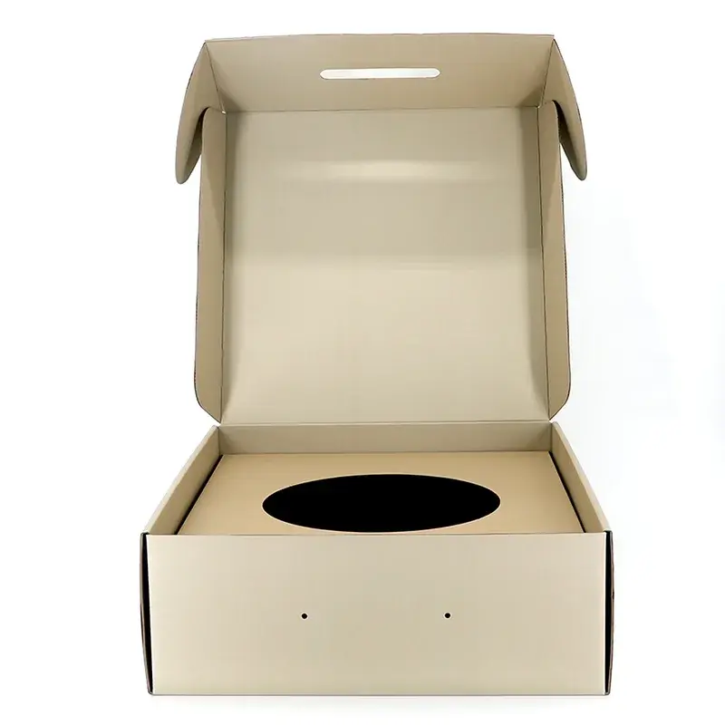 Front view of an open kraft box with a circular insert opening.