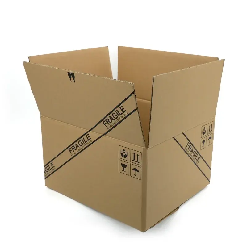 Open kraft shipping carton with printed handling symbols.