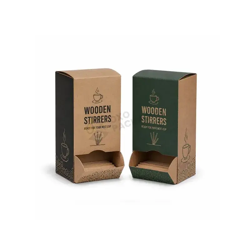 Brown and green printed stirrer boxes with open dispensing fronts.