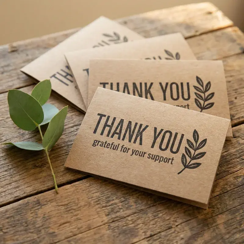 Kraft thank-you cards with dark lettering and leafy graphics.