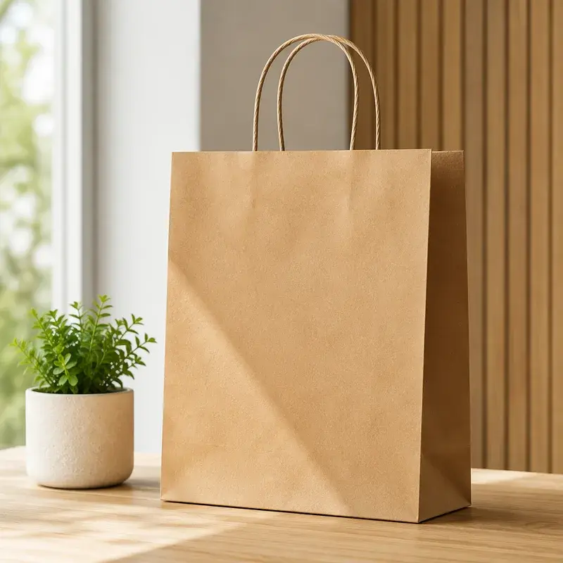Plain kraft paper bag with twisted handles beside a plant.