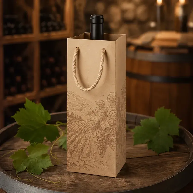 Kraft bottle bag with vine printing and a looped cord handle.