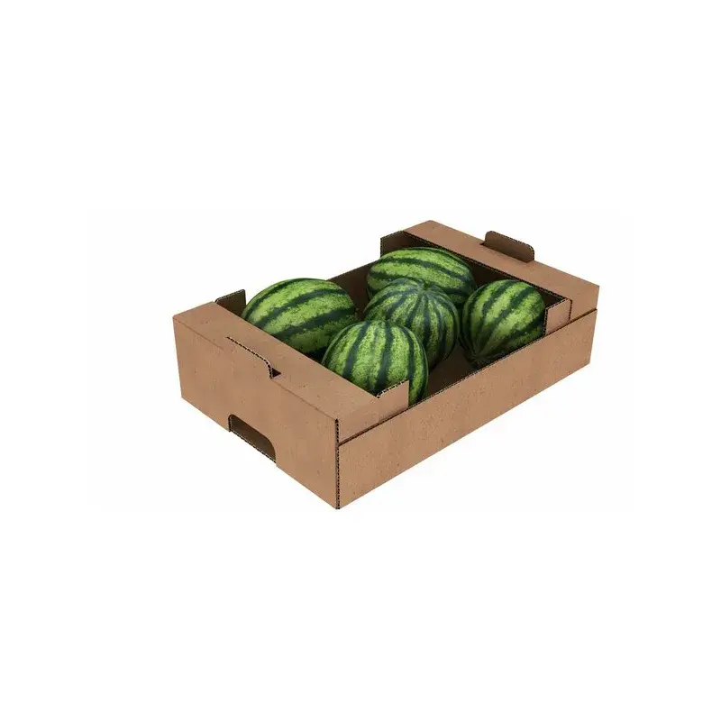 Plain kraft produce tray filled with small watermelons.