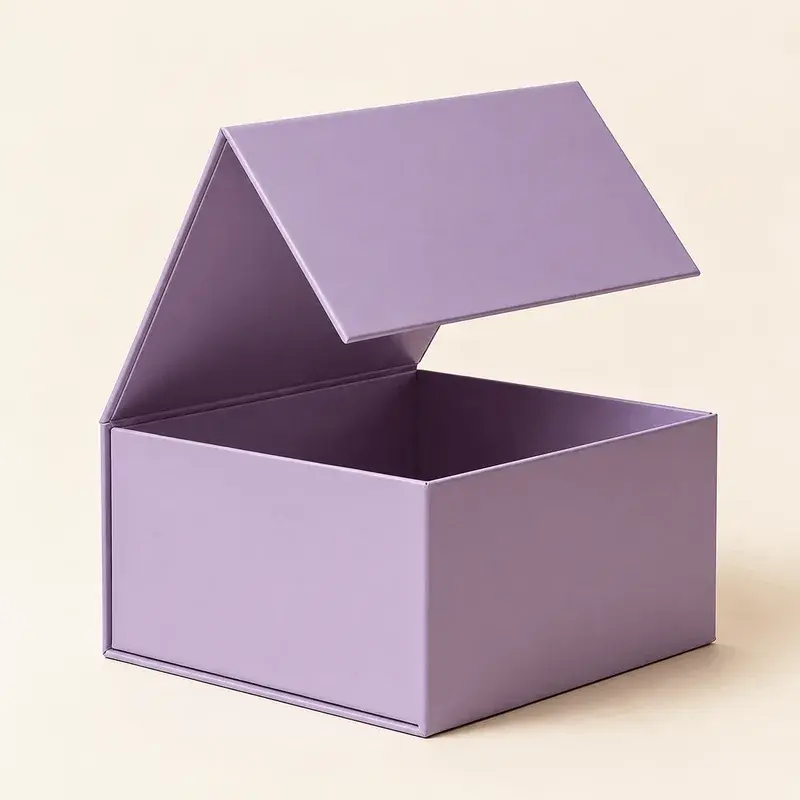 Plain lavender gift box with its hinged lid partly raised.