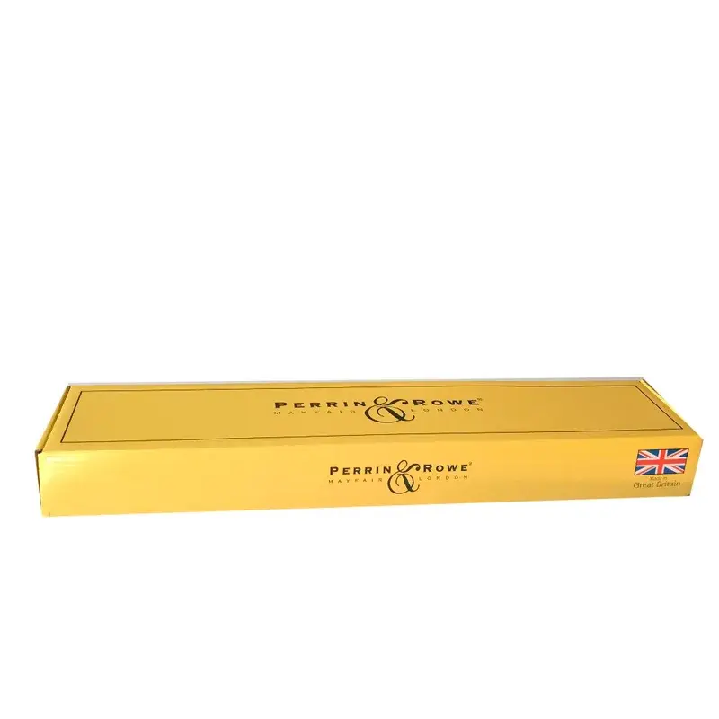 Long yellow carton viewed from the front with small printed details.