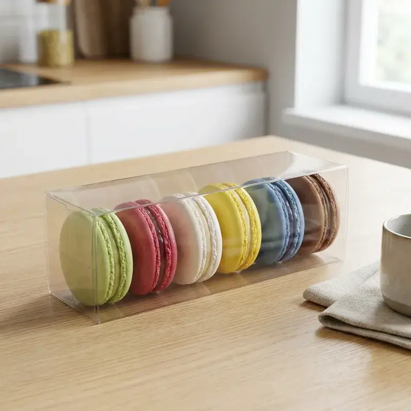 Colorful macarons arranged in a clear rectangular box.