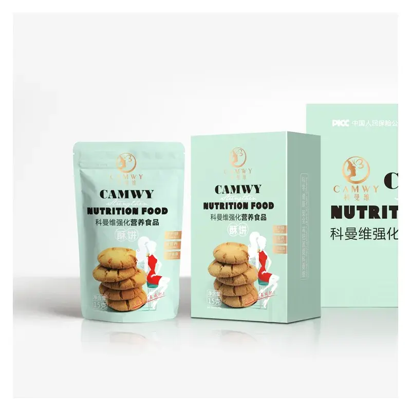 Mint-green nutrition cartons and pouches with food graphics.