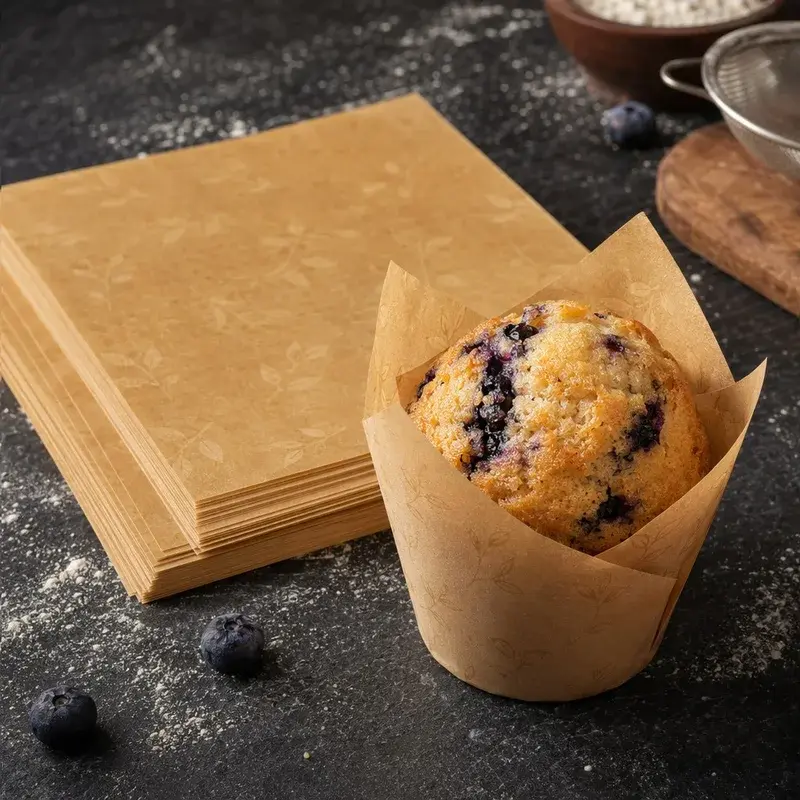 Muffin in a folded kraft paper cup beside stacked brown sheets.