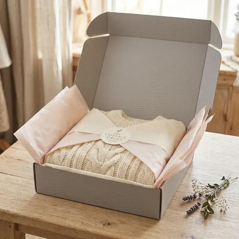 Open gift box containing a folded textile wrapped in pale paper.