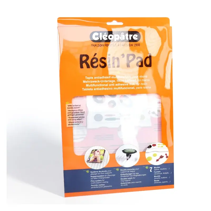 Orange printed hanging pack with a large clear front panel.