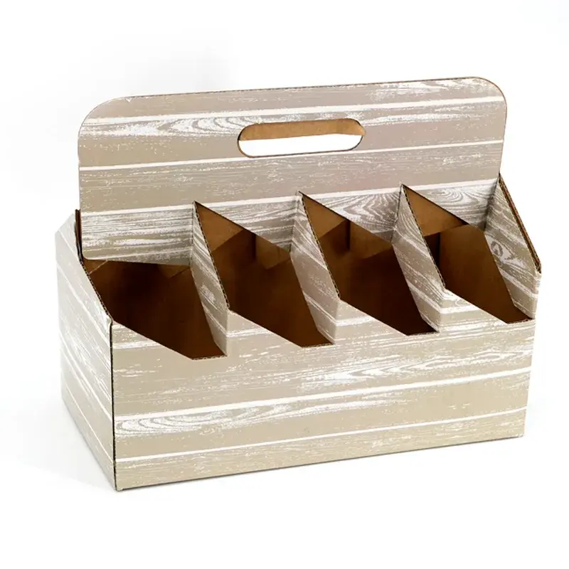 Pale wood-patterned carrier with a handhold and bottle dividers.