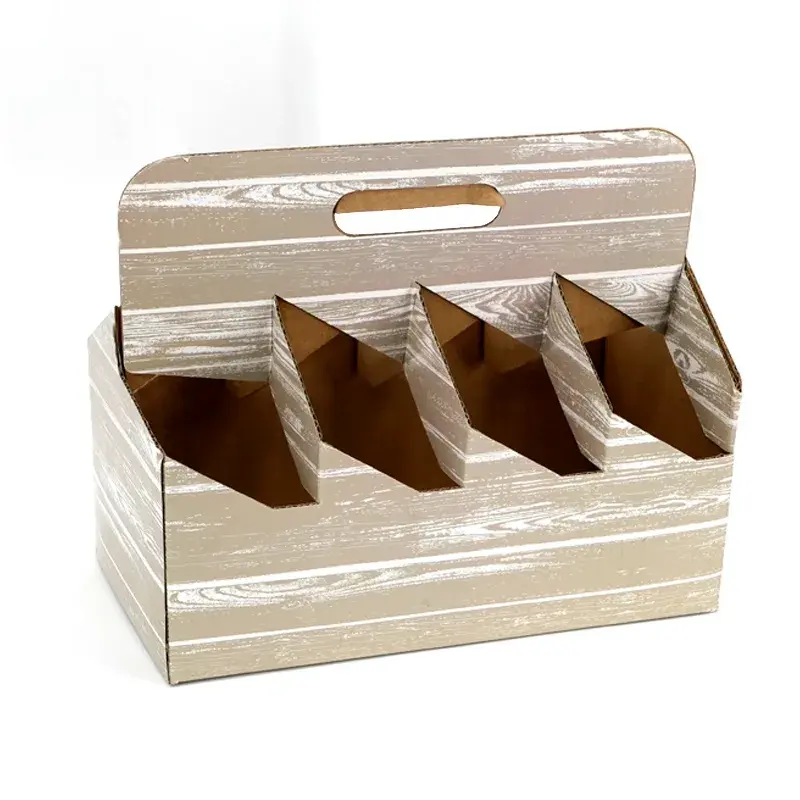 Pale wood-patterned carrier with a handhold and bottle dividers.