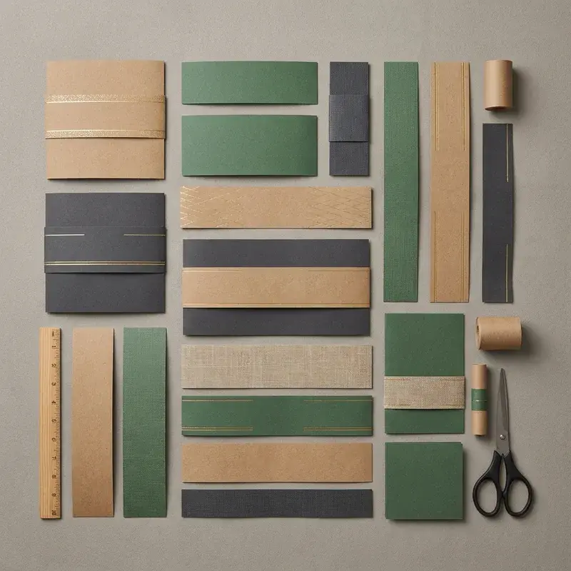 Paper and board swatches arranged beside scissors and small rolls.