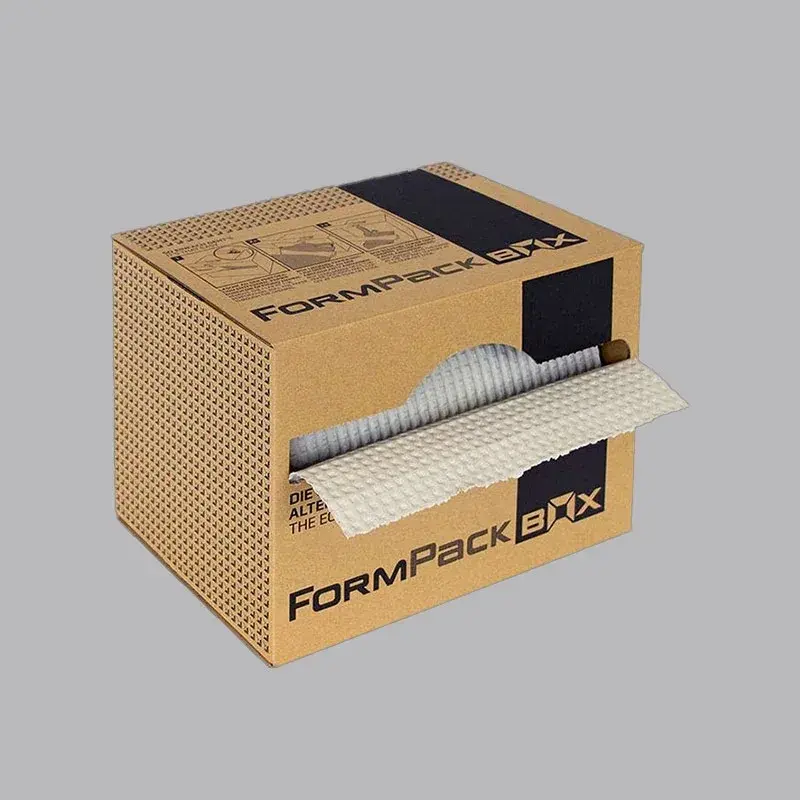 Brown printed dispenser box with a textured paper roll extending out.