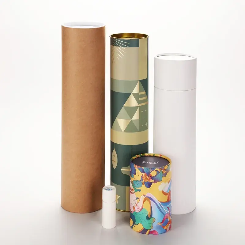 Plain and printed paper tubes in assorted heights and colors.