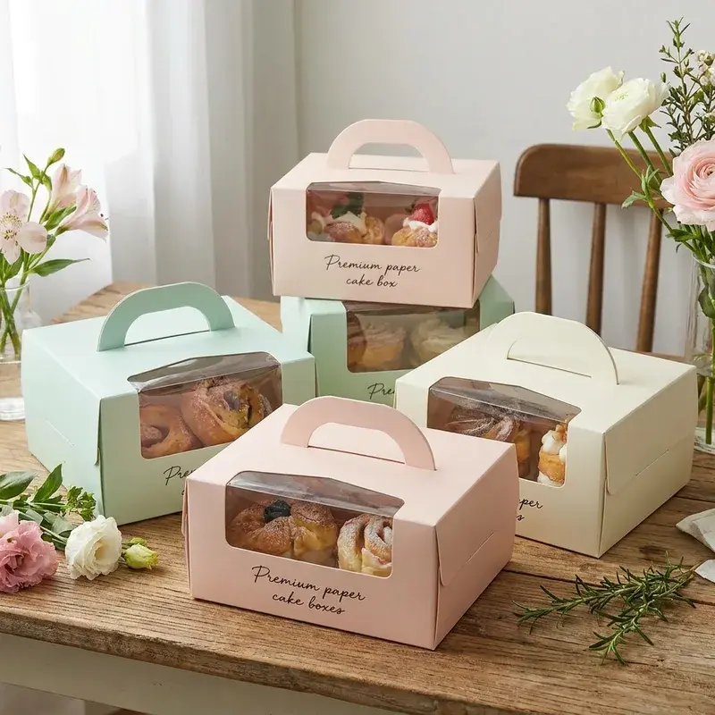 Pastel bakery boxes with carry handles and clear windows.
