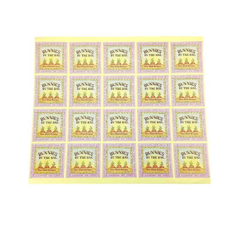 Sheet of small square labels with yellow and lavender borders.