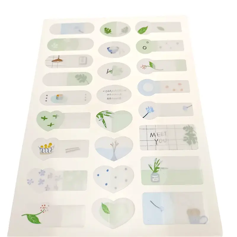 Pastel sticker sheet with small hearts, plants and printed labels.