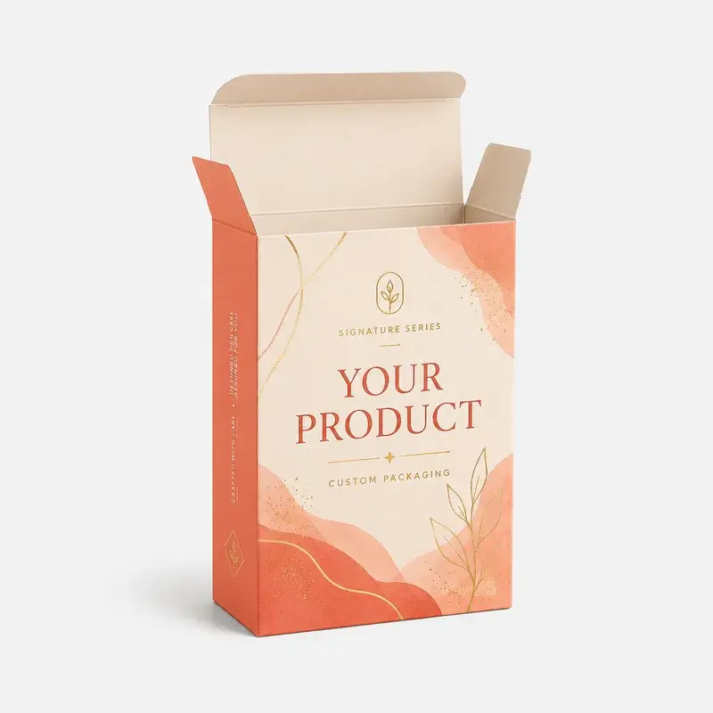 Open peach carton with pale curved graphics and printed lettering.