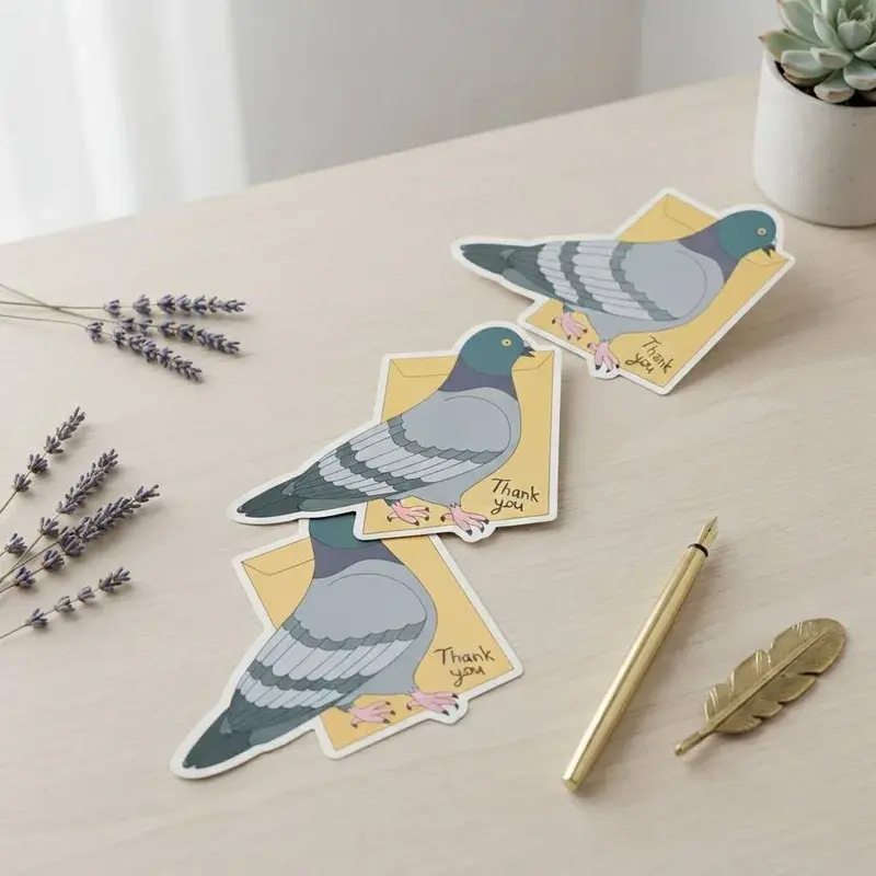Pigeon-shaped cards arranged on a tabletop beside a gold pen.