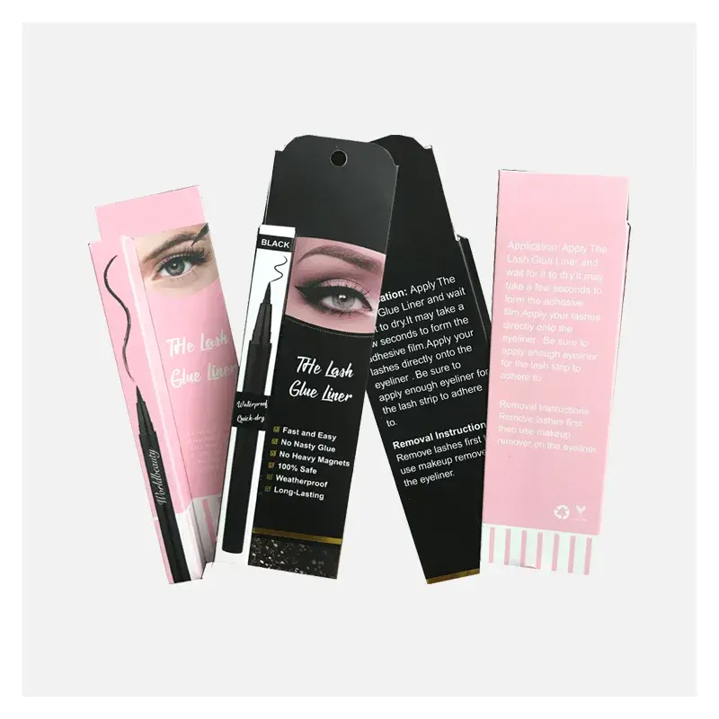 Pink and black cosmetic cartons with eye graphics and hanging tabs.