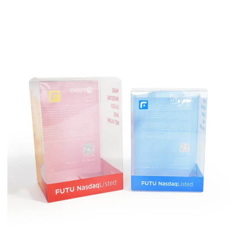 Pink and blue printed cartons with transparent front panels.