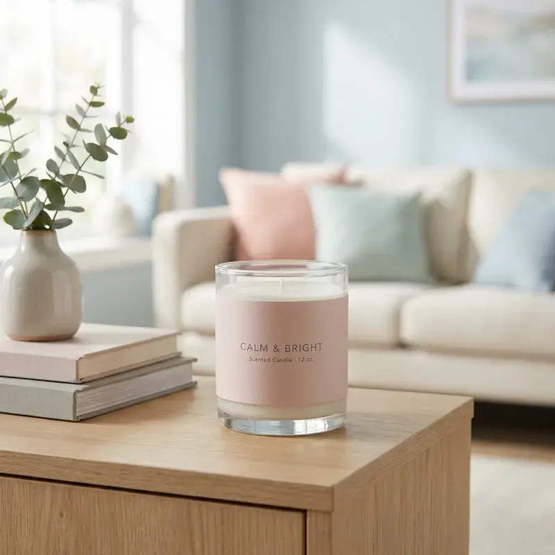 Pink labeled candle jar on a wooden table in a living room.