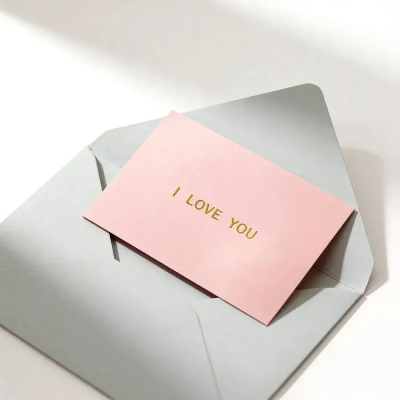 Pink message card partly tucked inside a gray envelope.