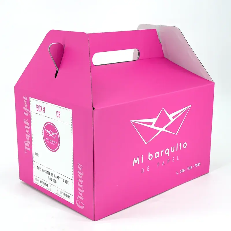 Pink printed gable box with a rectangular carry handle.