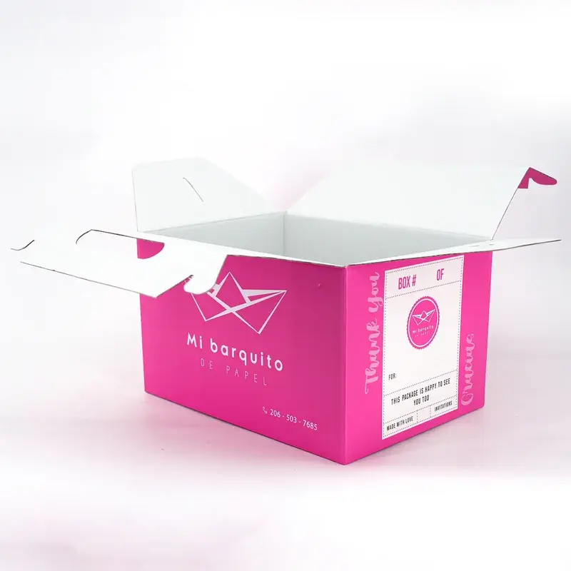 Pink gable box with its white top flaps unfolded.