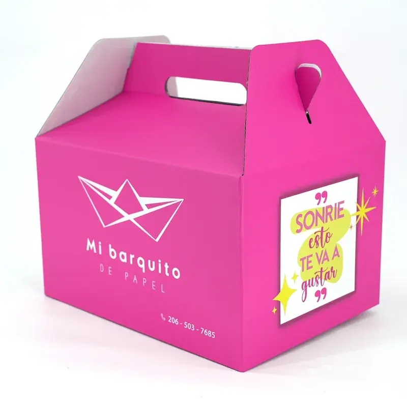Angled view of a pink handle box with a yellow side label.