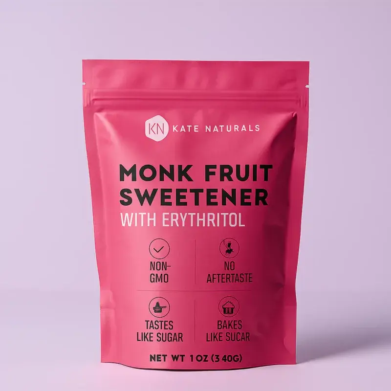 Pink resealable pouch with dark printed lettering.