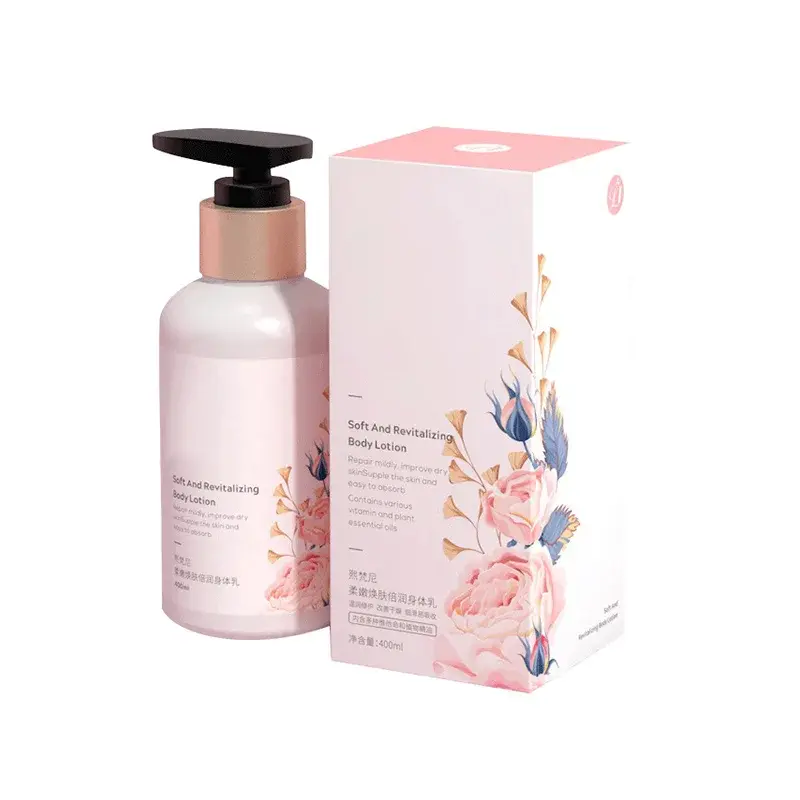 Pink pump bottle beside a pink floral carton.