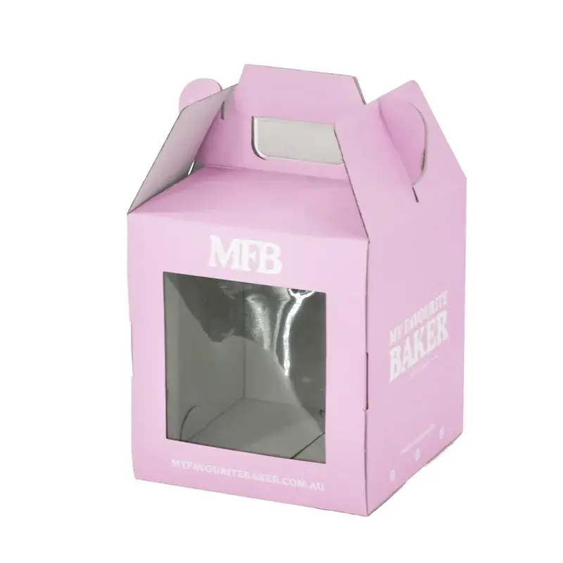 Angled view of a pale pink window box with a carry handle.