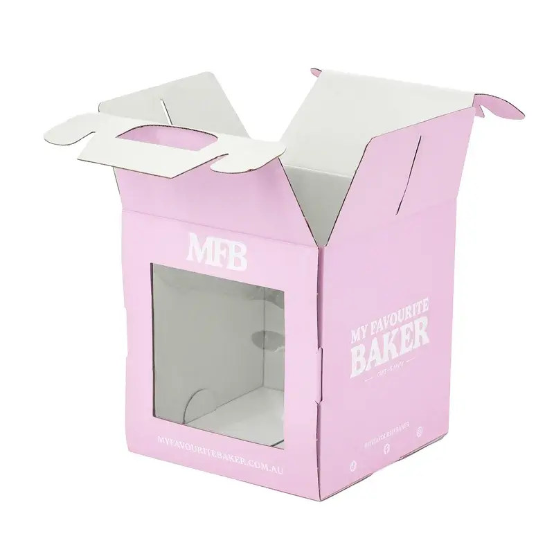 Pale pink window box with its top flaps opened.