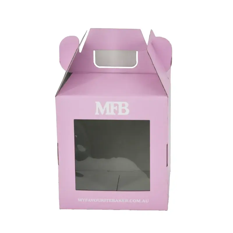Front view of a pale pink gable box with a clear window.