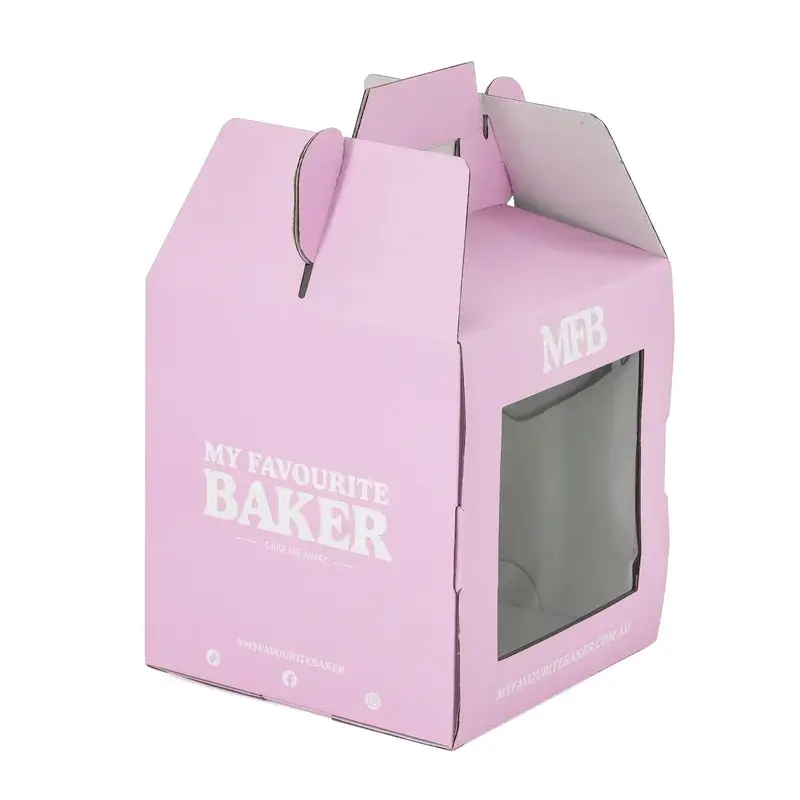 Pink carton with a clear window and a built-in carry handle.