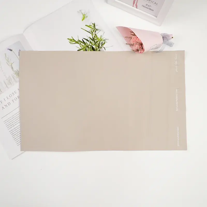 Plain beige mailing bag on a light-colored surface.