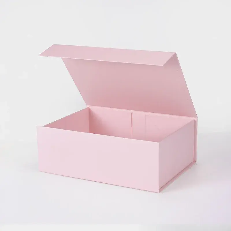 Plain pink box with its hinged lid raised.