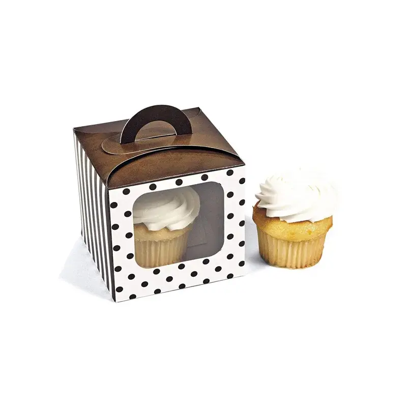 Polka-dot cupcake box with a window and brown carry handle.