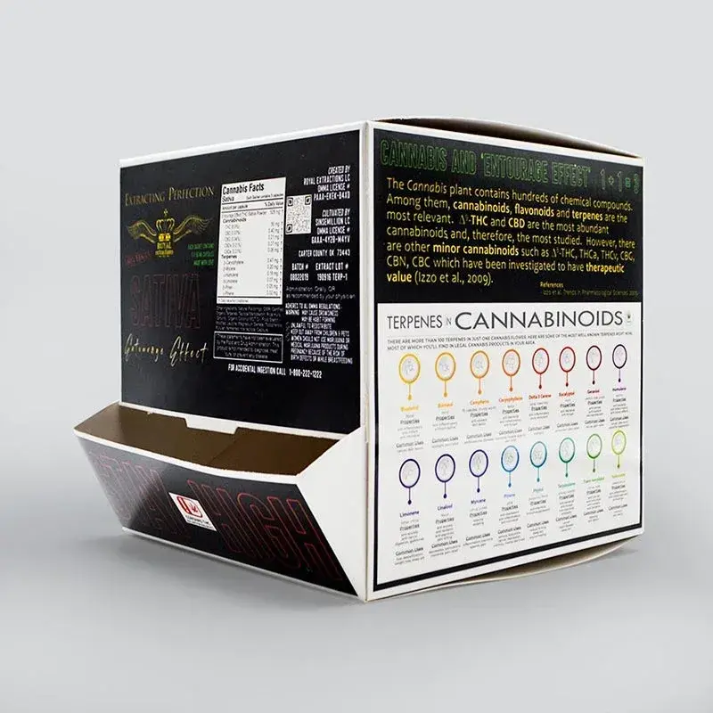 Printed product carton with an opened side panel and fine lettering.