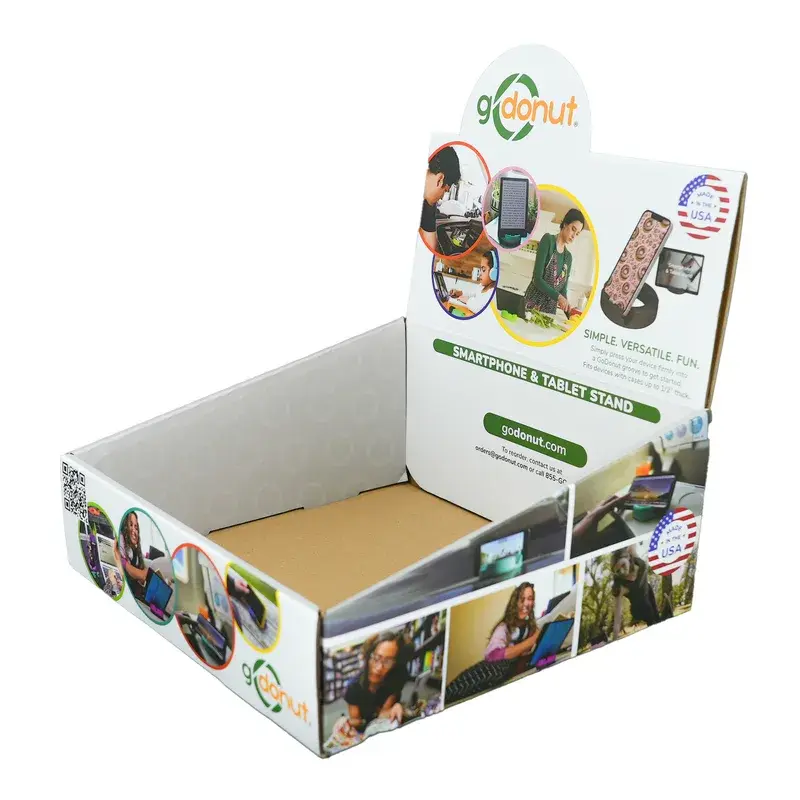 Angled view of a printed countertop display with a shallow tray.