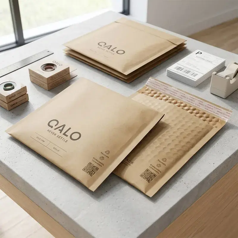 Printed kraft mailers and small packaging items on a worktable.