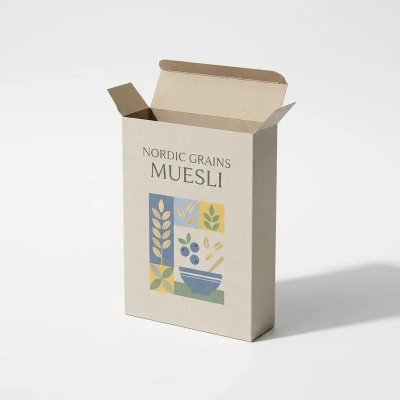 Printed muesli carton with its top flaps opened.