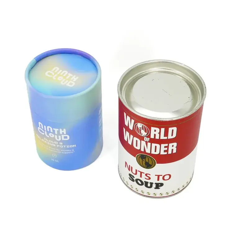 Blue and red printed cylindrical containers with round lids.