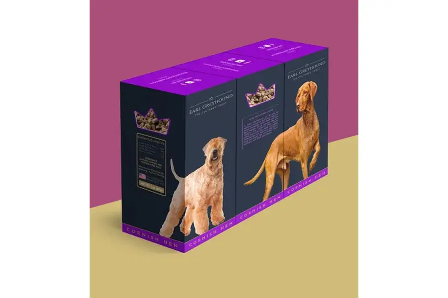 Purple and black carton with printed dog photographs.
