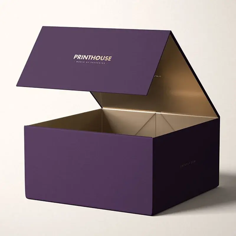 Open deep-purple gift box with a pale interior.